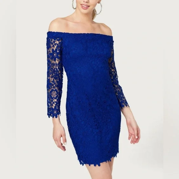 bebe | Dresses | Bebe Dress Off Shoulder Crochet Lace 34 Sleeve Cobalt Blue  Dress Sz 2 | Poshmark